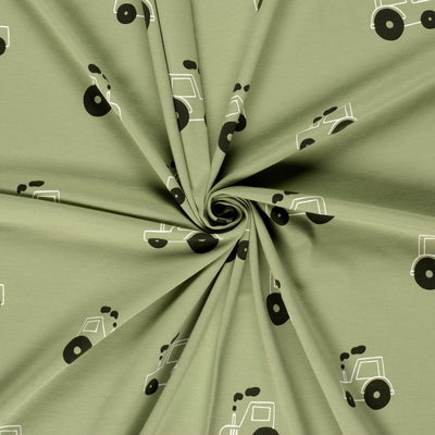 Cotton Jersey Printed Tractors Olive Green - Lametru.ro