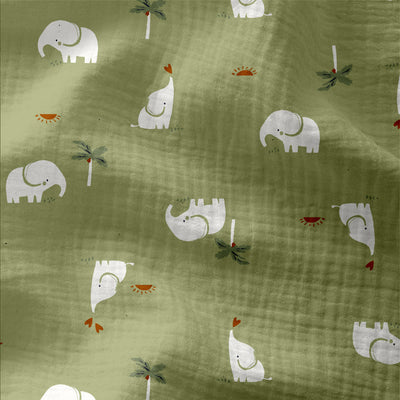 Double Gauze Printed Elephants Green - Lametru.ro