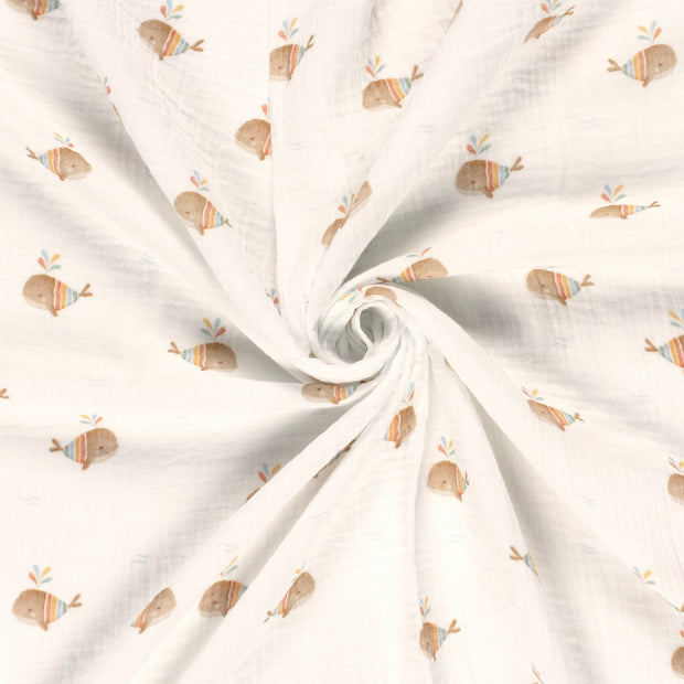 Double Gauze Printed Whales Off White