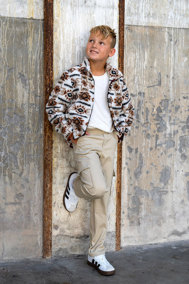 Sherpa Fleece Jacquard Abstract Off White