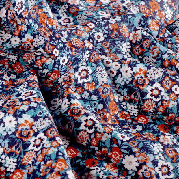 Cotton Poplin Printed Flowers Navy
