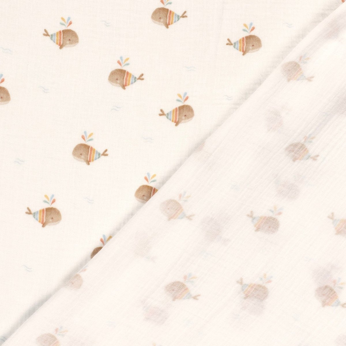 Double Gauze Printed Boho Whales Off White - Lametru.ro