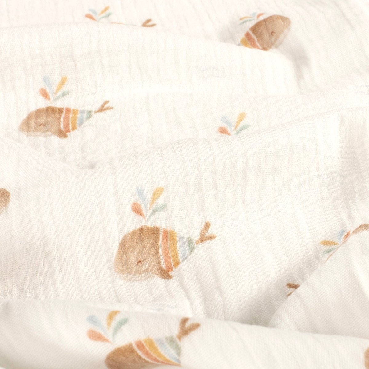 Double Gauze Printed Boho Whales Off White - Lametru.ro