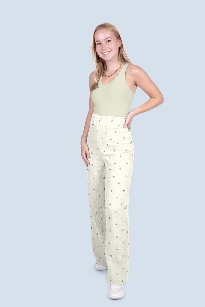 Double Gauze Printed Leaves Off White - Lametru.ro